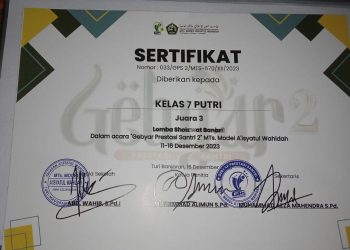 Hanim Fahira  Sisswi Madrasah Tsanawiyah (MTs) Model A’isyatul Wahidah, Banjaran, Maduran, Lamongan,   Mengukir Prestasi  (GPS).