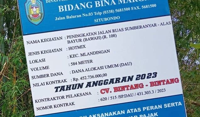 Proyek Peningkaan Jalan Ruas Sumbermalang Alas buyur. kecamatan Melandingan Di Duga  dikerjakan. asal – Asalan ,  (CV Bintang bintang)