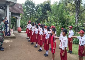 Tanamkan Disiplin Di Sekolah, Babinsa Koramil Wlingi Latih PBB Siswa-Siswi SDN Ngadirenggo 05