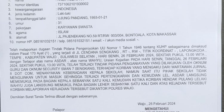 Wartawan Korban Kekerasan di SMAN 7 Resmi Laporkan Terduga Pelaku Pengeroyokan di Polres Wajo
