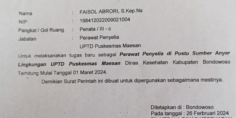 SP Dari Kadinkes Tertuju ke Seorang Perawat di Maesan Tanpa Ada Alasan Jelas