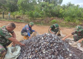 Satgas TMMD Kodim 0426/Tulang Bawang Terus Berjuang Melengsir Bahan Material untuk Pembangunan Jembatan di Desa Sungai Badak