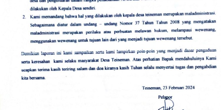 Diduga buat laporan realisasi Fiktif, Kades Teineman dilaporkan Masyarakatnya ke Inspektorat Daerah KKT”