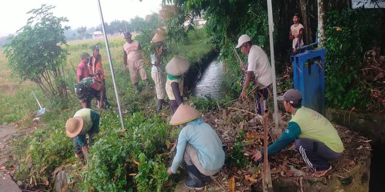 Bersama Warga, Babinsa Gogodeso Gotong Royong Bersihkan Lingkungan Dan Saluran Air