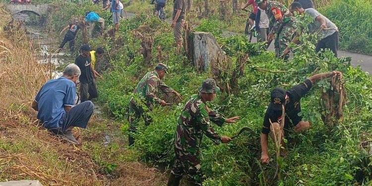 Aksi Nyata, Anggota Koramil 0808/04 Sanankulon Dan Warga Sigap Bersihkan Saluran Irigasi