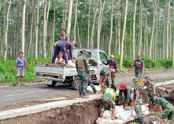 Hujan Lebat Picu Kerusakan Ringan Jalan di Desa Gadungan, Satgas TMMD dan Warga Gelar Kerja Bakti